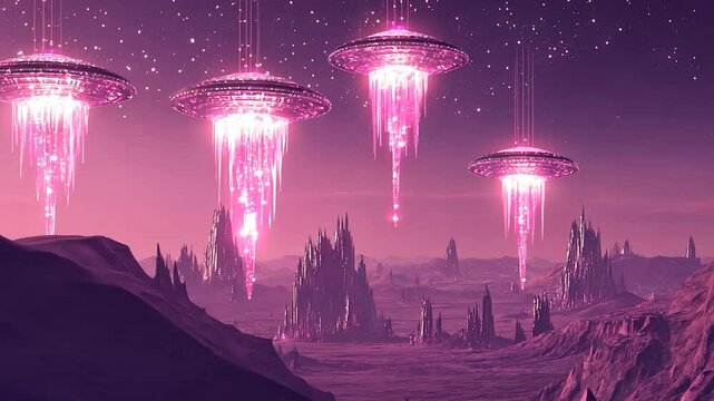 Pink alien landscape with glowing saucers