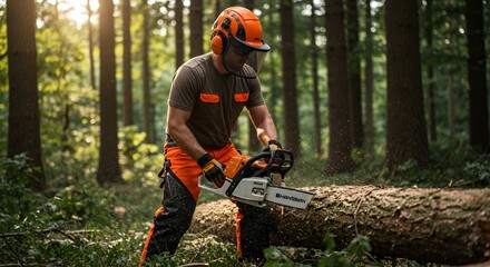 Lumberjack Cutting Tree in Forest