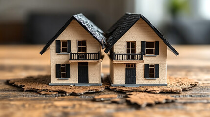 Split miniature houses on cracked foundation indoors