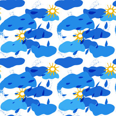 Seamless pattern of yellow sun and clouds of different shades of blue with raindrops in children's style hand drawn for posters, cards, stickers. Seamless pattern on pastel soft blue background