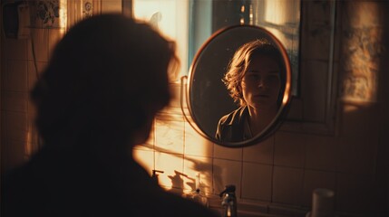 Fototapeta premium Woman Gazing at Reflection in Mirror - Self-Reflection Concept