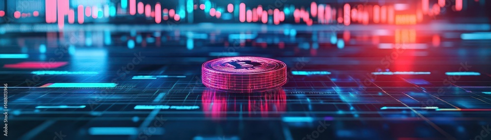 Poster a stack of shimmering coins resting on a digital screen surrounded by soft light creating an atmosph