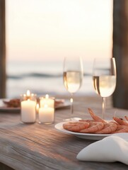 Wooden table with two glasses of white wine and a plate of cooked shrimp on it. the table is set with a white napkin and there are three lit candles on the table.