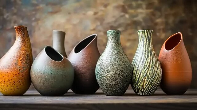 A row of uniquely shaped ceramic vases in earthy tones displayed on a wooden surface