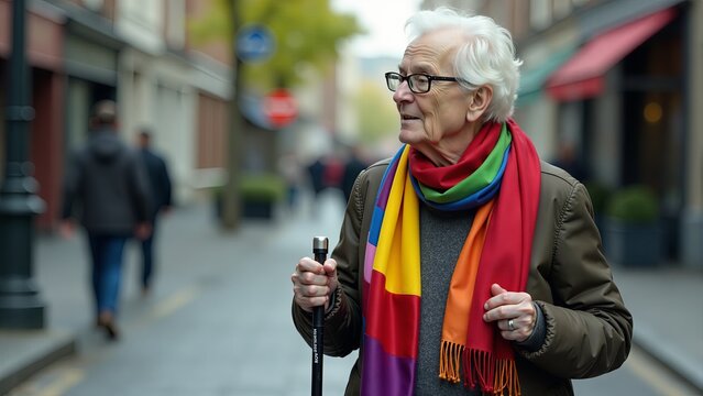 Senior Man Walking With Colorful Scarf - Powered by Adobe