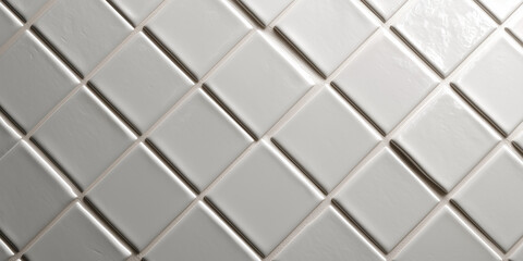 Glossy white ceramic tile texture in diamond layout with beveled edges.
