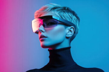 Futuristic woman wearing stylish sunglasses against colorful neon background