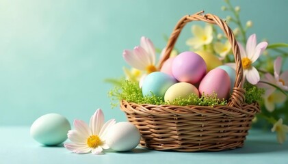 Pastel eggs in a woven basket with spring flowers , holiday, floral, bunny