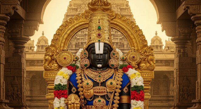 Majestic Lord Venkateswara: A Golden Deity in a Temple Setting