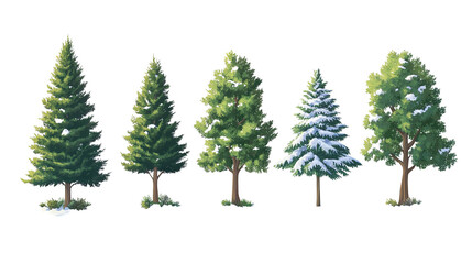 Fototapeta premium Five diverse evergreen trees stand tall some lightly dusted with winter s snow evoking nature on transparent background
