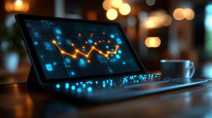 Laptop displaying declining graph in dimly lit office at night