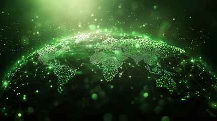 Digital representation of green globe showcasing interconnected networks and data points, symbolizing global connectivity and technology