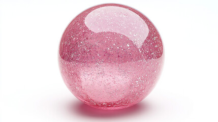 Pink glitter sphere on white background reflecting light