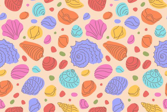 Summer seamless background with shells and pebbles. Bright rattern with cute doodles. Design for packaging, textile, advertising, printing. 
