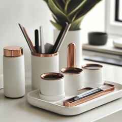 Elegant Rose Gold White Desk Organizer Set Modern Office Supplies pen tray chic home work neat clean