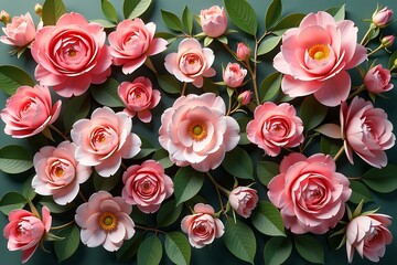 Naklejka premium Pink Roses and Green Leaves on Dark Backdrop: A Floral Arrangement with Soft Light and Detailed Petals, Ideal for Decorative Backgrounds. 