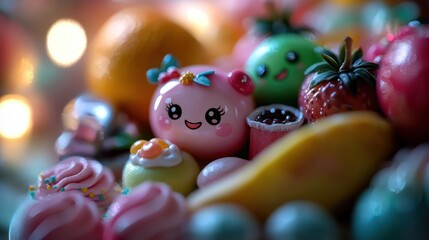 Obraz premium Colorful assortment of cute, miniature desserts and fruits arranged artfully with soft bokeh background