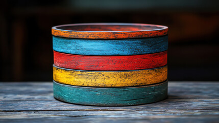 Colorful wooden bowl with rustic finish, featuring vibrant red, blue, yellow, and green stripes, resting on weathered wooden surface