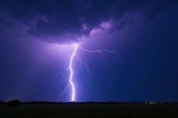 Intense lightning bolt strikes dark stormy sky, intense, high voltage