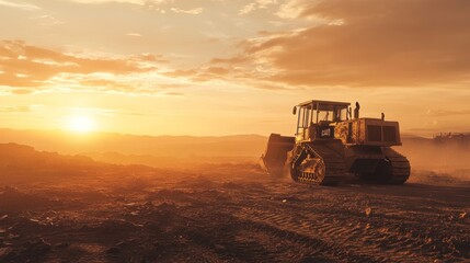 Obraz premium Construction vehicle at sunset over a barren landscape. Heavy machinery working in a dusty field at golden hour