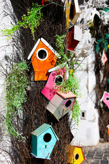 Colorful birdhouses decorate a tree in a vibrant garden during sunny day