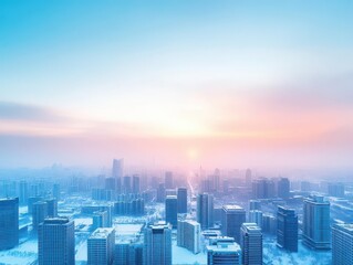Fototapeta premium Snowy Urban Landscape Featuring Towering Skyscrapers Blanketed in Soft Snowflakes Creating a Peaceful and Serene Winter Atmosphere in City Life