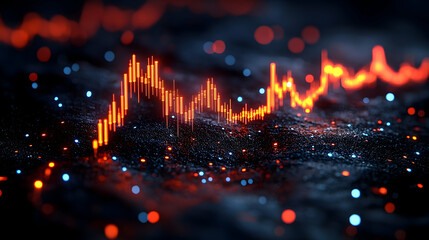 Fototapeta premium Glowing graph on dark abstract surface with bokeh highlights; red and blue hues