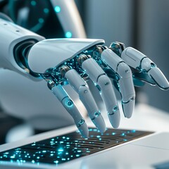 Futuristic Robot Hand Interacting Digital Interface Advanced Technology 3d data blue white light    