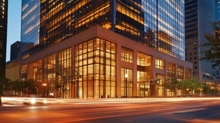 Modern city office building at twilight.  Corner facade with glass and warm tones.  Urban street with blurred car lights
