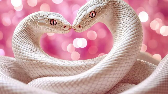 Two white snakes entwined in a heart shape on a soft surface with a sparkling pink background