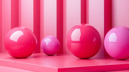 Pink spheres on stage with striped backdrop, product display