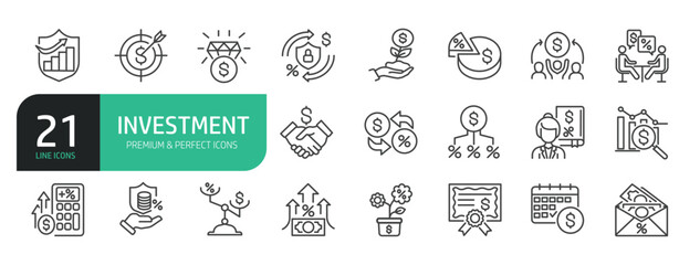 Set Of Investment Line Icons. Contains such icons as Business Strategy, Stock Market, Loan, Wealth, Financial Advisor, Currency Exchange, Financial Strategy, Savings, Credit Score, Capital, Banking, P