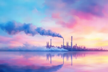 Obraz premium Dramatic Oil Refinery Silhouetted Against a Fiery Sunset Sky with Vivid Colors and Industrial Structures Creating a Powerful Urban Landscape Scene