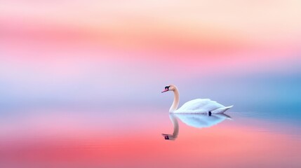 Obraz premium Graceful Swan Gliding Across Serene Lake Waters Under Vibrant Pink and Blue Sky at Dusk Creating a Tranquil and Picturesque Natural Scene
