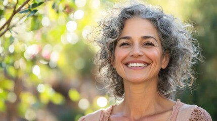 Happy woman smiling in a natural, outdoor setting.
