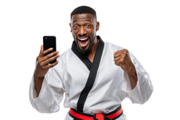 Triumphant Martial Artist with Smartphone: A dynamic martial artist celebrates victory, his face a mask of pure exhilaration as he clutches a smartphone.