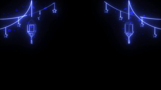 Neon glowing Ramadan kareem in one continuous line drawing. Islamic garlang decoration with lantern and stars in simple linear style. Muslim religious holiday celebration.