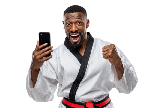 Triumphant Martial Artist with Smartphone: A dynamic martial artist celebrates victory, his face a mask of pure exhilaration as he clutches a smartphone.