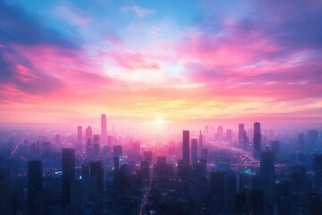 Fototapeta premium Breathtaking Cityscape at Sunset with Vibrant Colors Painting the Sky Above Skyscrapers and Reflections on Calm Water Creating a Tranquil Scene