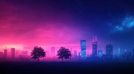 Enchanting Cityscape at Night with Vibrant Pink Sky and Glimmering Lights Creating a Dreamlike Atmosphere of Urban Serenity and Beauty