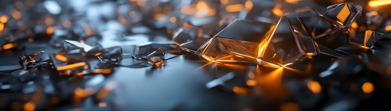 Abstract shattered geometrical shapes in shades of dark gray and orange.