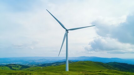 Majestic Wind Turbine Standing Tall on a Rolling Green Hill Under a Clear Blue Sky Emphasizing Renewable Energy and Natural Landscape Beauty