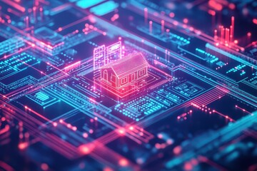 Obraz premium Innovative Concept of a House Resting on a Computer Chip Symbolizing Technology Integration in Modern Living and the Future of Smart Homes