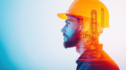 Construction Worker in Hard Hat Observing Active Building Site with Heavy Machinery and Materials Highlighting Urban Development and Progress
