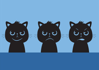 Three Cat with different expression. Happy, Sad, Angry