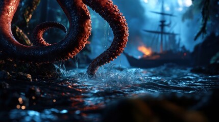A dramatic underwater scene featuring a giant octopus emerging from the water near a burning ship