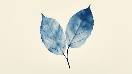 Delicate blue botanical composition featuring pair of leaves on pastel background