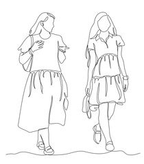 2 women talking and walking. Wear dress with ruffles. Front view. Single black line drawing isolated on white. Vector in line art style.
