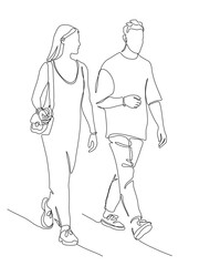 Couple man and woman talking and walking. Front view. Continuous line drawing. Black and white vector illustration in line art style.