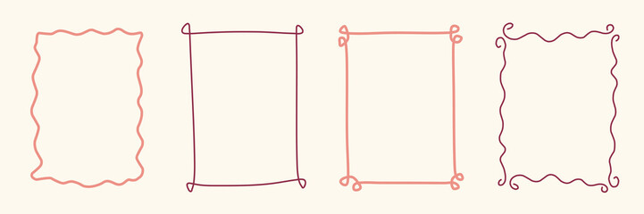 Doodle hand drawn frames with abstract wavy lines, bows and ribbons. Coquette retro set. Trendy vintage whimsical borders for wedding invitations, birthday card, prints. Vector modern illustration.